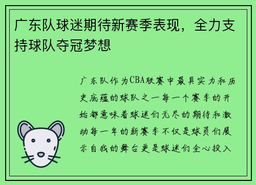 广东队球迷期待新赛季表现，全力支持球队夺冠梦想